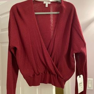 Red Long Sleeve Low Cut Blouse